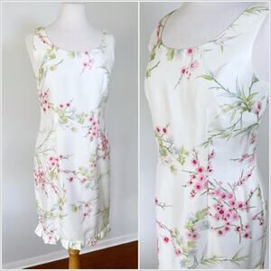 Vintage 90s / Y2K White Pink Cherry Blossom Mini Sheath‎ Dress // Size 8 Medium